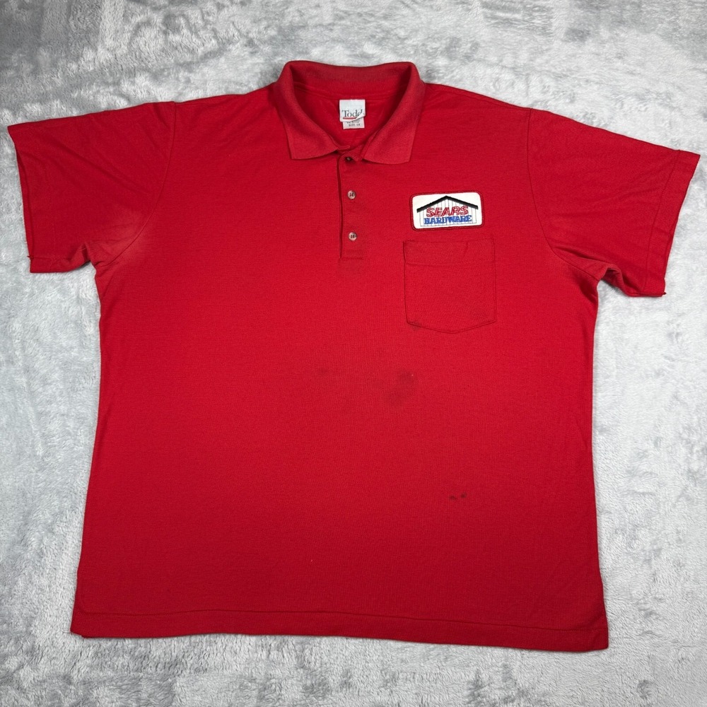 Vintage Sears Hardware Employee Polo Shirt XL Red Embroidered Prop Distressed
